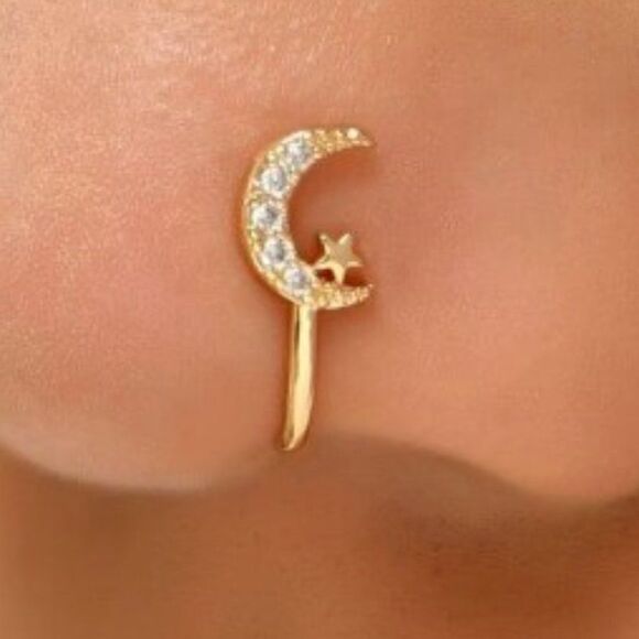 GOLD CRESCENT MOON DIAMOND STAR NOSE RING - Picture 4 of 4